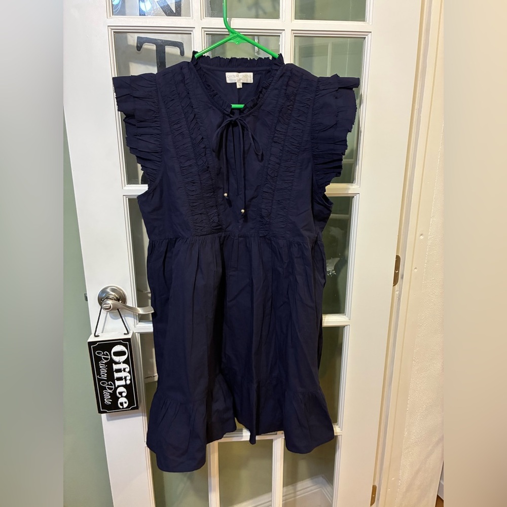 Caroline Constas New York Navy Ruffle Cotton Dress Tie Neck Flutter Sleeve L